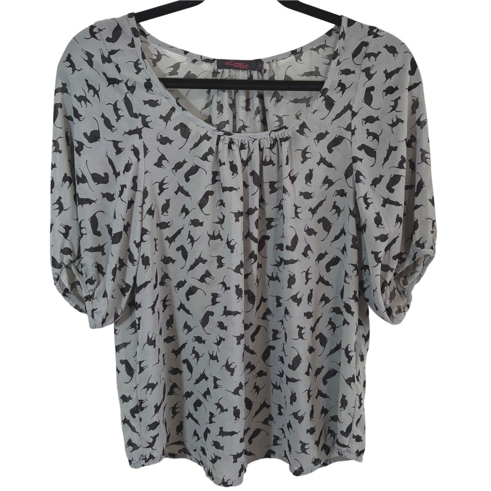 Sweet Ruby Black Cat Blouse Size S Grey Short Sleeve Chiffon Top Whimsigoth Cute